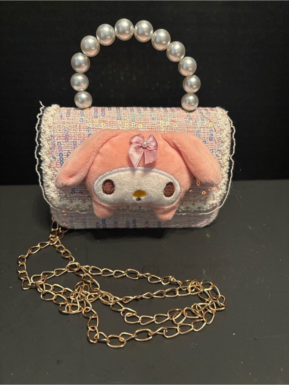 Sanrio My Melody Pink Tweed w/Sequins & Faux Pearls Child’s Purse - Picture 2 of 11